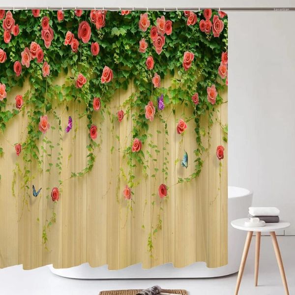 Cortinas de ducha Cortina impermeable para el baño Naturaleza Flower Rose Batterfly Bath Tabet Decoración con 12 ganchos