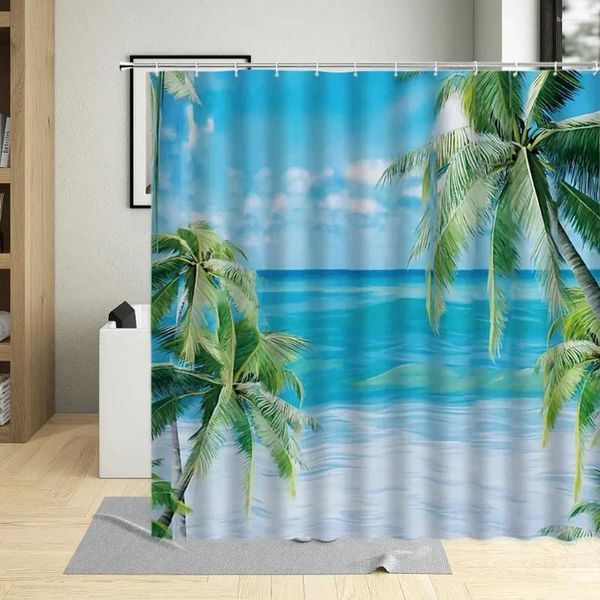 Rideaux de douche Rideau imperméable Peinture à l'huile Tropical Lsland Plage Cocotier Paysage Décor de bain Polyester Tissu Salle de bain