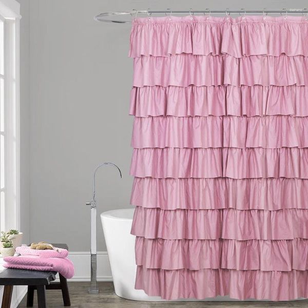 Cortinas de ducha Tela impermeable Cortina Ruffle Lujo Rosa Blanco Gris Baño grueso para bañera con ganchos Decoración de princesa