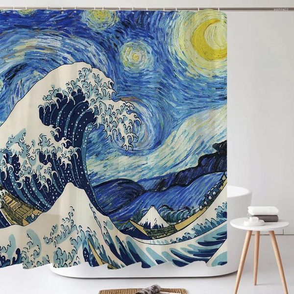 Rideaux de douche imperméables de style japonais vagues de pulvérisation de mer ciel étoilé décor de rideau de salle de bain avec crochets
