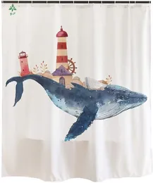 Rideaux de douche baleine et phare blanc imperméable tissu de rideau nautique bleu pour enfants décor de salle de bain