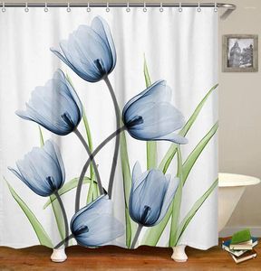 Cortinas de ducha Blanca azul gris tulipan flor de color púrpura