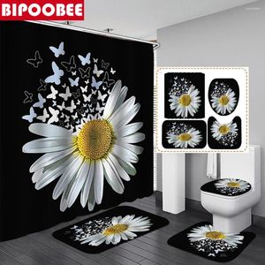 Douche gordijnen witte vlinder bloem badkamer met haken zonnebloem gordijn set zwart toilet deksel niet-slip vloer mat bad tapijten