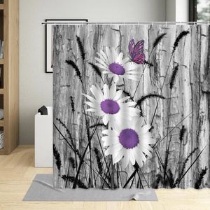 Rideaux de douche Blanc Daisy Fleur Rideau Papillon Couleur Floral Bain Plante Paysage Salle De Bain Ensemble Avec Crochets Tissu Imperméable