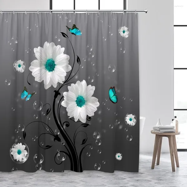 Cortinas de ducha Margarita blanca Flores Mariposa Creativa Burbuja floral Negro Gris Ombre Telón de fondo Tela Decoración de baño con ganchos