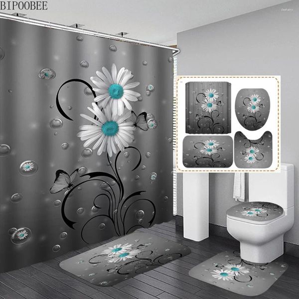 Cortinas de ducha Conjuntos de cortinas de baño de flores blancas Girasol con ganchos Alfombra antideslizante Tapa de inodoro Alfombras de baño