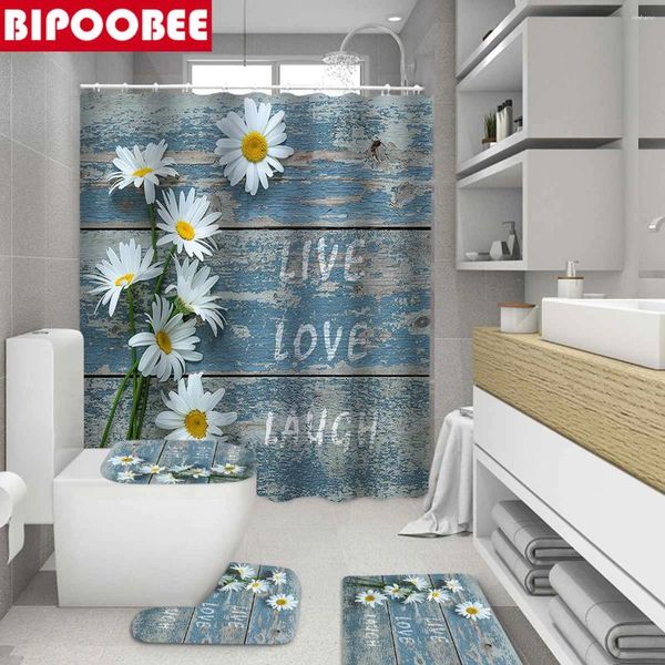 Rideaux de douche fleurs blanches pour décoration de salle de bain avec crochets en bois bleu pain de bain de bain tapis de toilette couvercle de couvercle de couvercle