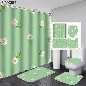 Douchegordijnen Witte Bloemen Patroon Badkamer Gordijn Groen Badmat Set Antislip Voetstuk Tapijt Wc-deksel Cover Matten Met Haken