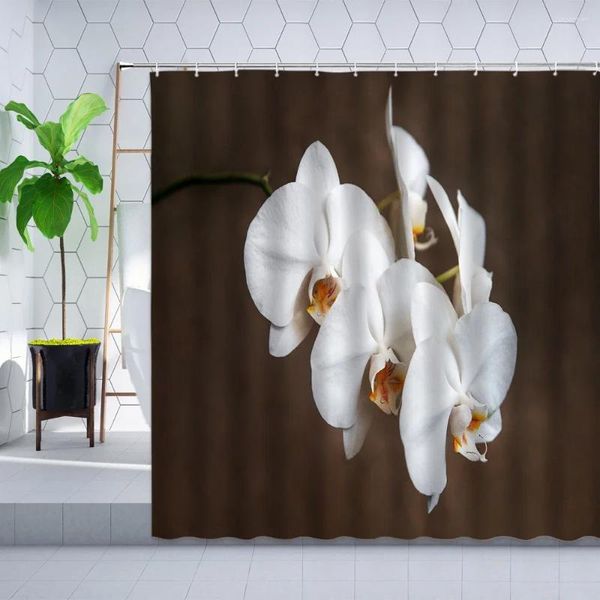 Rideaux de douche Blanc Orchidée Fleur Rideau Phalaenopsis Couleur Belle Plante Florale Salle De Bains Polyester Tissu Suspendu Ensemble