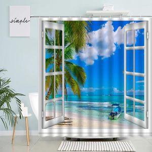 Cortinas de ducha Ventana blanca Océano Paisaje Playa Palmera Mar Ola Barco Paisaje hawaiano Tela Cortina de baño Decoración de baño