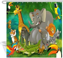 Cortinas de ducha Animales salvajes para niños Elefantes de dibujos animados y jirafas Familia en el bosque Polyester zoológico Accesorios de baño