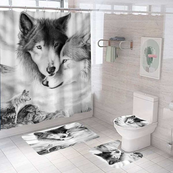 Rideaux De Douche Faune Gris Loups Ensemble De Rideaux De Douche Avec Tapis Art Noir Blanc Loup Rideaux De Bain Antidérapant Salle De Bains Décor Tapis Toilette Couvercle CouvertureHKD230626