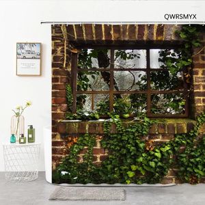 Douchegordijnen raam en groene planten op stenen muur 3D-printen traditioneel gebouw badkamer decor gordijnproducten