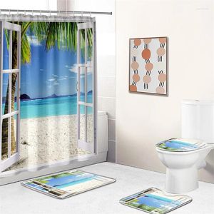 Douchegordijnen Gordijnsets met tapijten Waterdicht 3D-print Strand Schilderachtig Stoffen voering Polyester Tapijt Toiletkleed