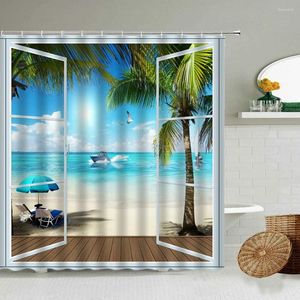Rideaux de douche fenêtre vue en mer ensoleillée de noix de coco plage salle de bain étanche rideau d'été
