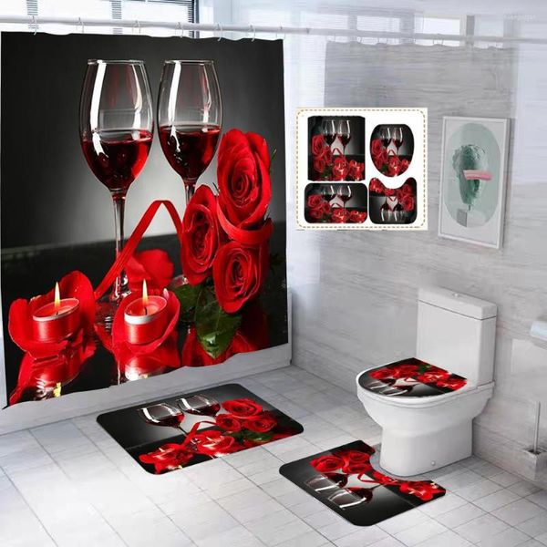 Cortinas de ducha vino romántico rojo rosa cortina conjunto tapa de inodoro y alfombrilla de baño Día de San Valentín baño con ganchos decoración del hogar
