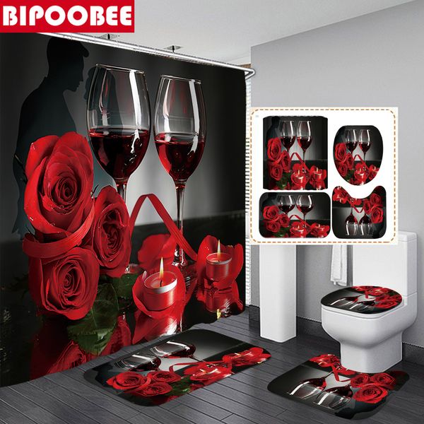 Rideaux de douche vin romantique rouge rose rideau ensemble couvercle de toilette et tapis de bain saint valentin salle de bain avec crochets décor à la maison 230628