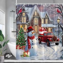 Rideaux de douche hiver rideau de noël mignon bonhomme de neige arbres de noël camion rouge cadeau forêt maison scène de neige année décor salle de bain