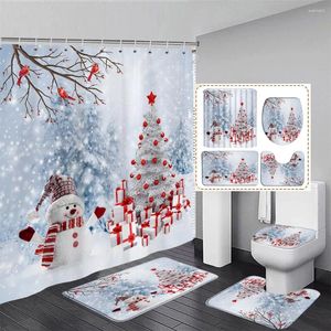 Rideaux de douche Ensemble de rideaux de Noël d'hiver Mignon bonhomme de neige Arbre de Noël Oiseaux rouges Forêt Scène de neige Maison Salle de bain Décor Tapis de bain Couverture de toilette