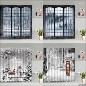 Rideaux de douche hiver Noël rideau vintage fenêtre porte en bois wapiti forêt bonhomme de neige paysage salle de bain crochets décoratifs