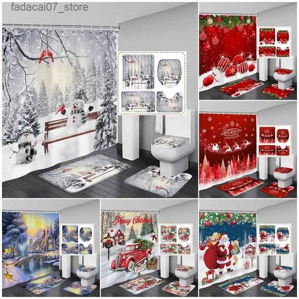 Cortinas de ducha Invierno Navidad Cortina de ducha Conjunto Divertido Muñeco de nieve Santa Claus Camión Bolas de Navidad Año Nuevo Decoración de baño Alfombra Alfombra de baño Cubierta de inodoro Q240116