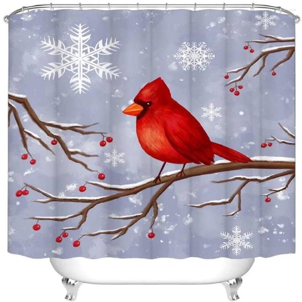 Rideaux de douche Rideau d'hiver Oiseau rouge dans le paysage de flocon de neige Tissu imperméable Décoration de salle de bain avec crochet