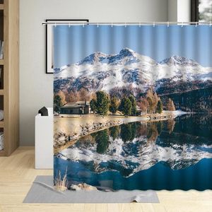 Douchegordijnen Wintergordijnset Sneeuwberg Houten Huis Boom Meer Natuurlijk Landschap Muurdecoratie Badkamer Hangend Polyester