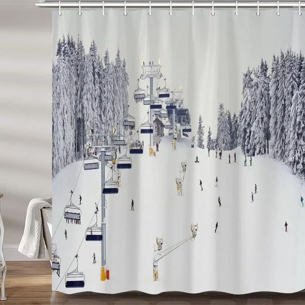 Rideaux de douche Rideau d'hiver Station de ski Arbres de forêt de cèdres Neige Nature Paysage Tissu en polyester Décor de salle de bain avec crochets