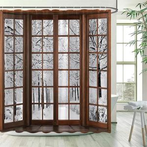 Rideaux de douche Forêt d'hiver Marron Fenêtre Parc Neige Nature Paysage Polyester Tissu Lavable Rideau de salle de bain Décor avec crochets