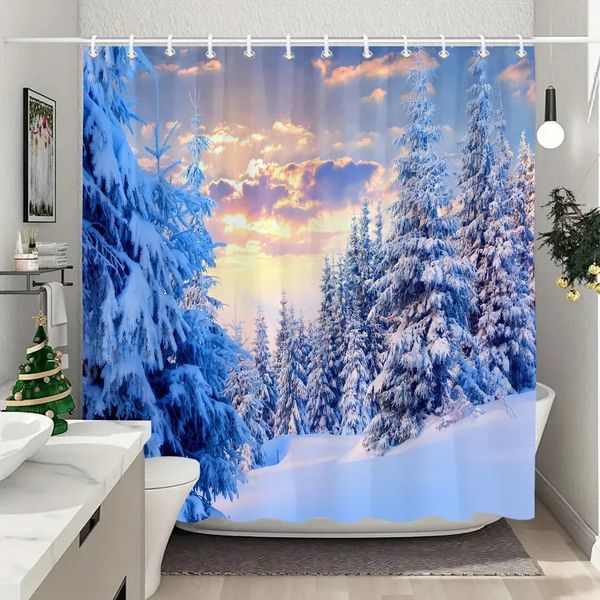 Cortinas de ducha Bosque de invierno Nieve Cortinas de ducha Árbol de Navidad Regalo de año feliz Tela de poliéster Lavable Cortina de baño para el hogar Decoración del baño 231025