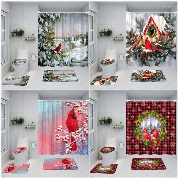 Rideaux de douche paysage d'hiver rideau tapis de bain ensemble oiseau rouge noël baie noël salle de bain décor tapis anti-dérapant tapis couvercle de toilette couverture