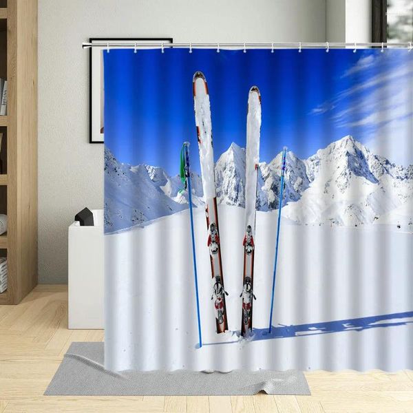 Rideaux de douche Paysage d'hiver Rideau Neige Montagne Forêt Ski Mouvement Motif Salle de bain Décor Polyester Tissu Ensembles suspendus