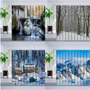 Douchegordijnen Winterlandschap Gordijn Waterval Bos Huis Sneeuw Berg Natuurlijk Landschap Badkamer Decoraties Polyester Set