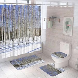 Douchegordijnen winter sneeuwbosgordijn sets berkenbomen natuurlijk landschap badscherm badkamer mat non slip tapijt tapijt deksel toiletomslag