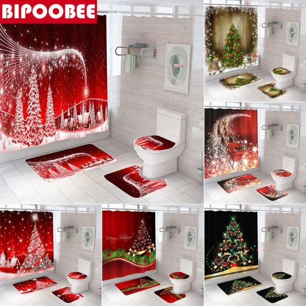 Rideaux de douche hiver flocon de neige arbre de noël ensemble de salle de bain tapis de bain tapis couverture de toilette de noël tapis antidérapant rideau en tissu 3D
