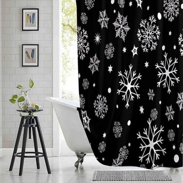 Cortinas de ducha Cortina de copo de nieve de invierno Tela de poliéster impresa en blanco y negro Baño impermeable con ganchos