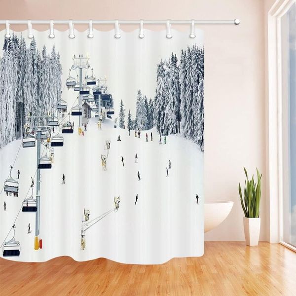 Courteaux de douche Hiver Travel Snow Mountain Ski Ski Car Polyester Tissu Snow Bath Curtain Christmas Bathroom Rideaux de douche avec crochets 230322