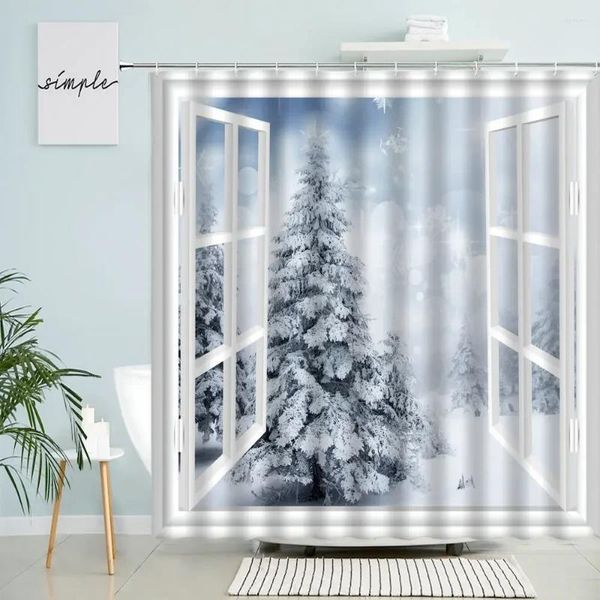 Cortinas de ducha Ventana de invierno Vista Cortina Bosque Árboles Nieve Paisaje natural Año Feliz Navidad Decoración de baño con ganchos Pantalla