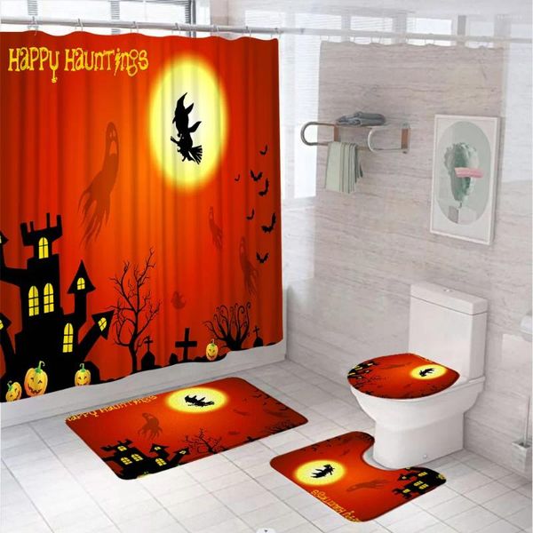 Cortinas de ducha Bat, bate fantasma, juegos de cortina espeluznantes para la decoración del baño Castillo de calabaza Cementerio de la luna del baño alfombra de baño de baño