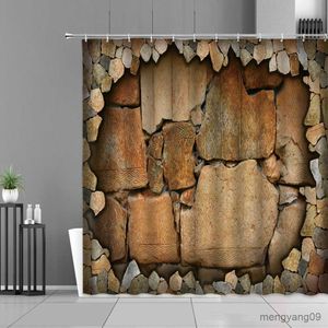 Rideaux de douche Grain de bois pierre mur rideaux de douche Style rétro salle de bain décoration imperméable suspendu rideau ensemble décor à la maison fond tissu R230831