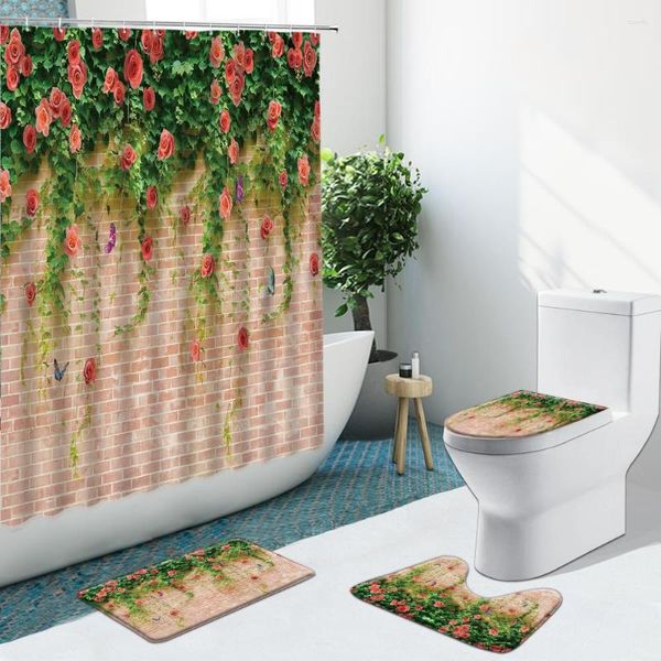 Rideaux de douche Planche de bois Mur Feuilles vertes Fleur Pierre Brique Rideau de salle de bain Ensemble Tapis antidérapants Tapis de flanelle Couverture de toilette