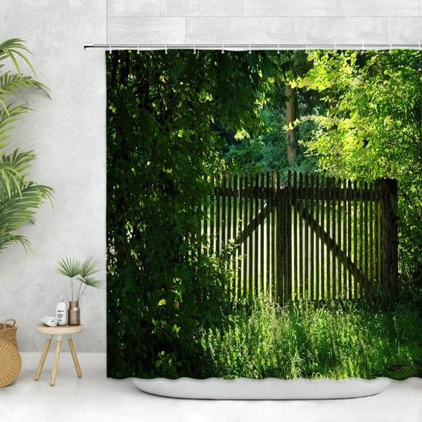 Rideaux de douche Woods Rideau Set 3D Impression Nature Paysage Arbres Fleur Forêt Décor de bain Écran pour salle de bain Polyester Tissu