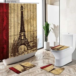 Rideaux de douche Bâtiments de renommée mondiale ensemble de rideau de douche tour de fer européen américain rétro affiche Art tapis de bain couverture de toilette tapis de salle de bain Y240316