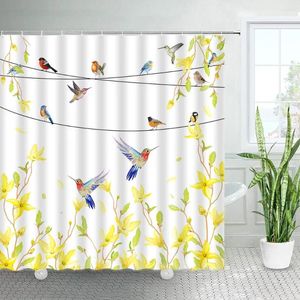 Rideaux de douche Fleurs jaunes Colibri Rideau Aquarelle Plante florale Oiseaux Tissu imprimé créatif Maison Salle de bain Décor Crochets