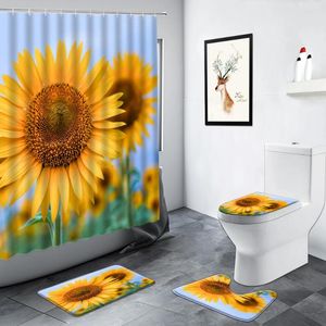 Douche gordijnen gele zonnebloem badkamer bloemen planten plattelandslandschap patroon wc tapijt niet-slip matten toilet decor badmat set