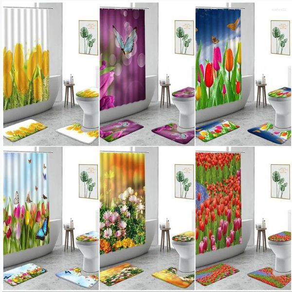 Cortinas de ducha Cortina de tulipán amarilla Flores de planta de mariposa Presente Decoración del hogar Conjunto de baño de baño sin deslizamiento