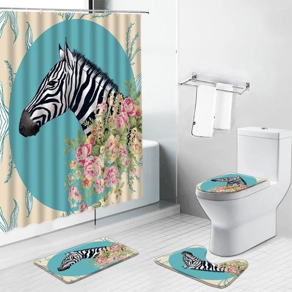 Rideaux de douche zèbre rideau de fleur tigre éléphant girafe non glissade tapis de couvercle de toilette tapis tapis de bains de bains d'animaux