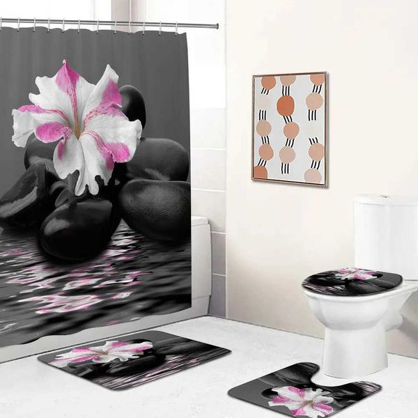 Rideaux de douche zen de bain rideaux ensembles de bambou vert lotus en pierre noire spa décorations de salle de bain en polyester matelle de bain couvercle couvercle de toilette