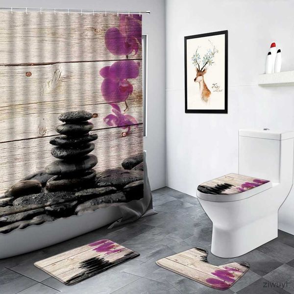 Cortinas de ducha Zen Buda, cortinas de ducha de bambú verde, piedra negra, paisaje de jardín, decoración de baño, alfombra, alfombrilla antideslizante para puerta, juego de alfombrillas de baño