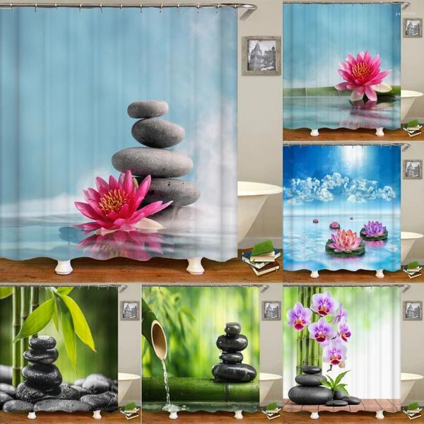 Cortinas de ducha Cortina Zen Stone 3D Agua corriendo Agua Flor de flores Probable de moho impermeable lavable